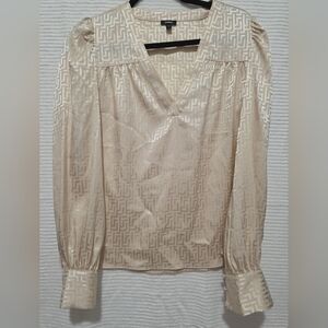 Express Long Sleeve V-Neck Geometric Puff Sleeve Cream Blouse